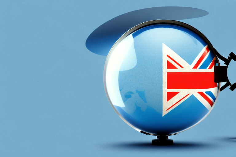 A globe with a british flag and a magnifying glass hovering over it